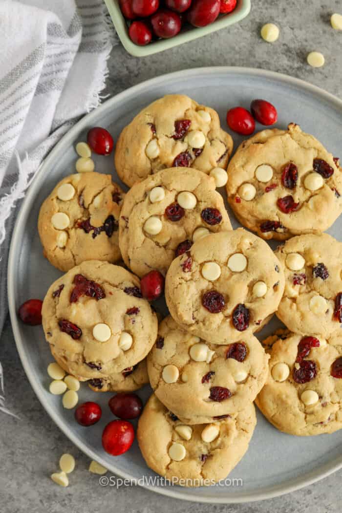 plate full of Cranberry White Chocolate Chip Pudding Cookies