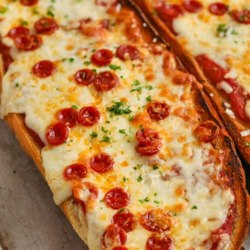 close up of baked French Bread Pizza