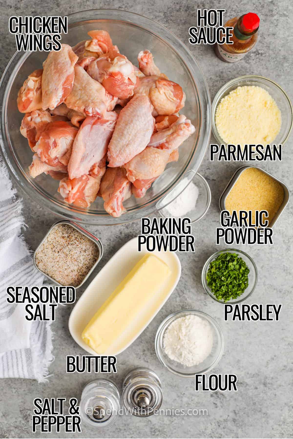 ingredients to make Garlic Parmesan Wings with labels