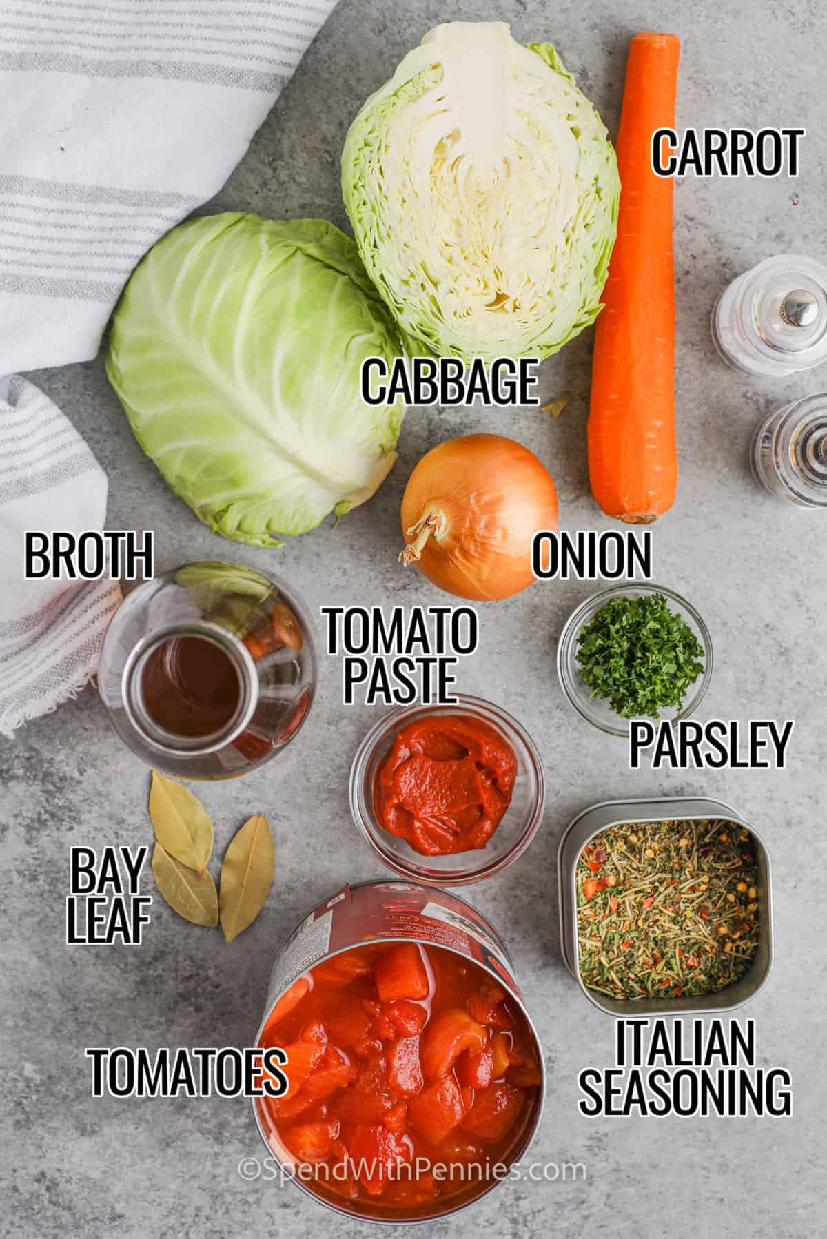 Serve your family a healthy and comforting meal with this homemade cabbage soup recipe! It's a classic recipe that's easy to whip up for a crowd. Chopped cabbage and seasonings come together in a beefy tomato broth for a economical crowd-pleaser. Add your own interpretation with ground beef, chicken, sausage, tofu, or go meat-free. This belly-warming cabbage soup can be a side, a main dish, or a filling, low-carb starter. #spendwithpennies #cabbagesoup #cabbagesouprecipe #easycabbagesoup Quick Cabbage Soup ingredients with labels