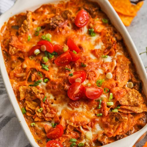 Layered Dorito Casserole after cooking