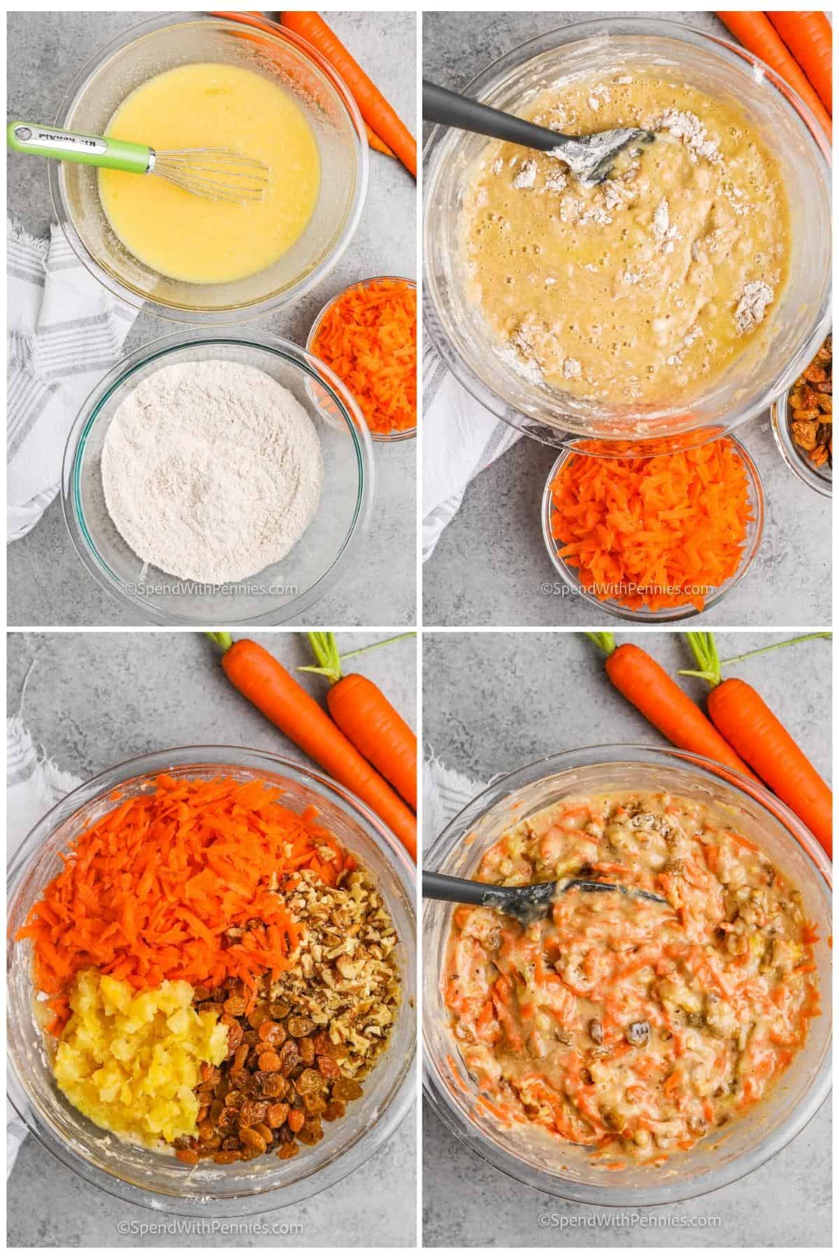 4 images showing the steps to prepare carrot cake batter