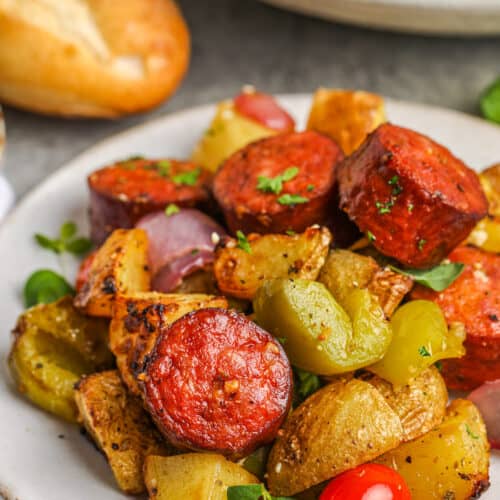 plated Air Fryer Potatoes and Sausage