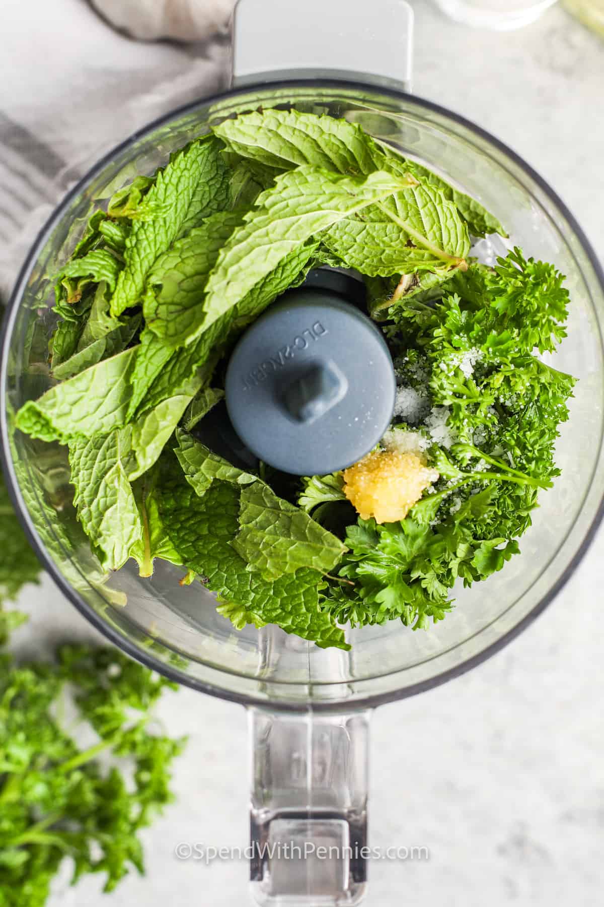 Fresh Mint Sauce ingredients in a food processor