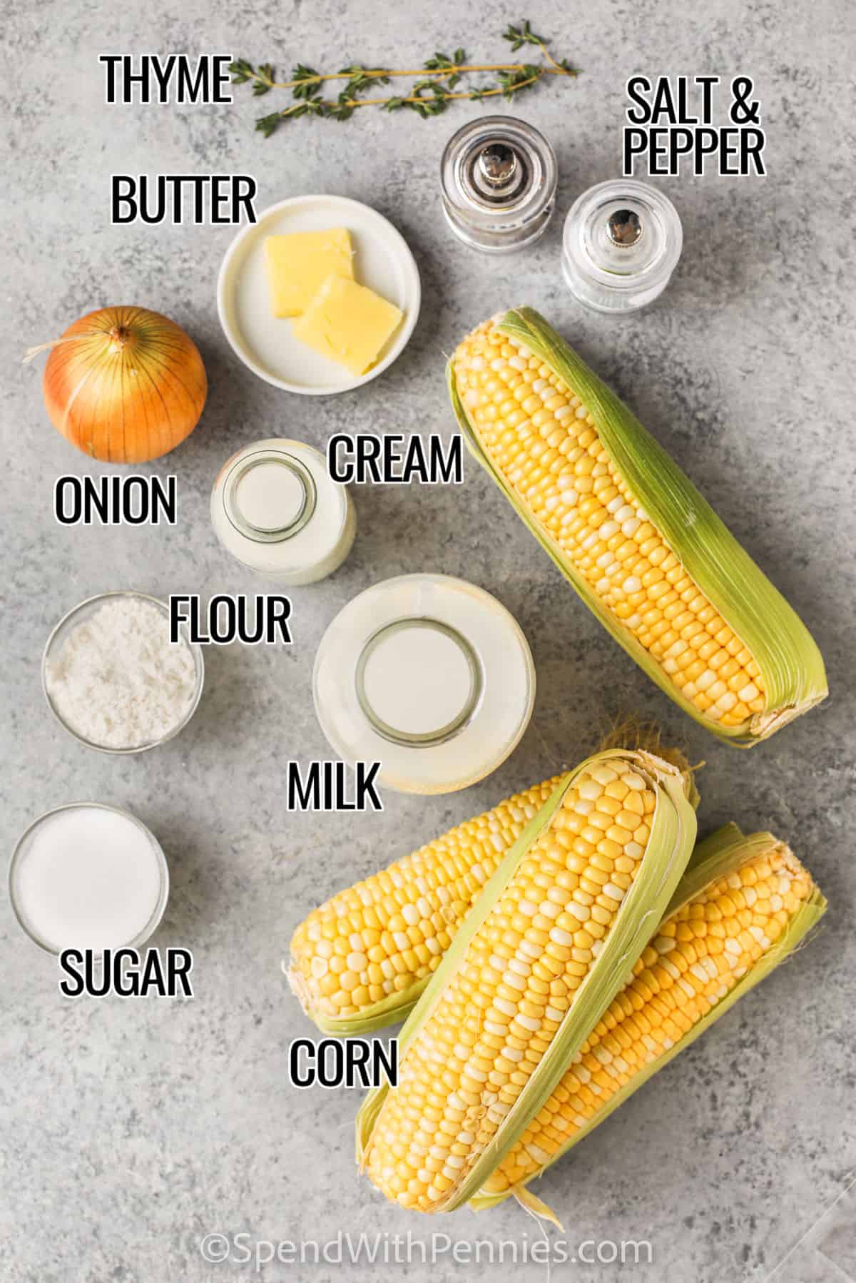 Creamed corn is always a favorite comfort food, and making it from scratch is so much better than canned! This homemade creamed corn recipe uses sweet corn kernels cooked in a buttery cream sauce with a hint of thyme. You can easily turn it into fritters, cornbread, or even a casserole recipe. Keep it warm in a Crockpot and let guests serve themselves this delicious side dish. #spendwithpennies Ingredients to make creamed corn labeled