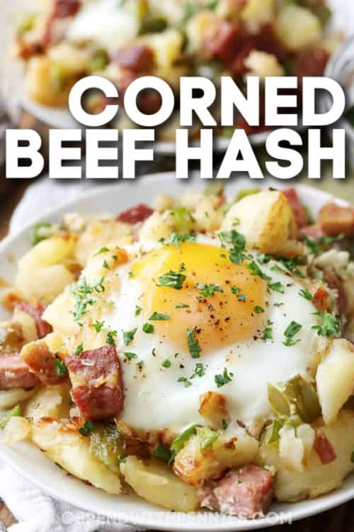 cooked Corned Beef Hash on a plate with a title