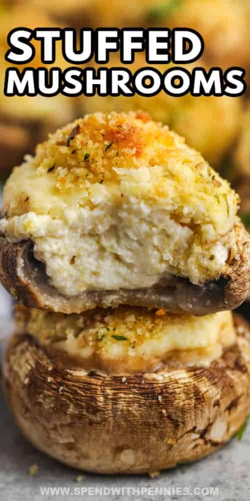 The best appetizer can be found in this easy stuffed mushrooms recipe. There is no need to worry about what to serve as an appetizer at the next gathering. Simple stuff some white mushrooms with a cream cheese spice and herb-infused filling. Top with some parmesan cheese and breadcrumbs and bake. So simple, so easy. #stuffedmushrooms #easystuffedmushrooms #stuffedmushroomscreamcheese #spendwithpennies close up of Stuffed Mushrooms with a bite taken out with writing