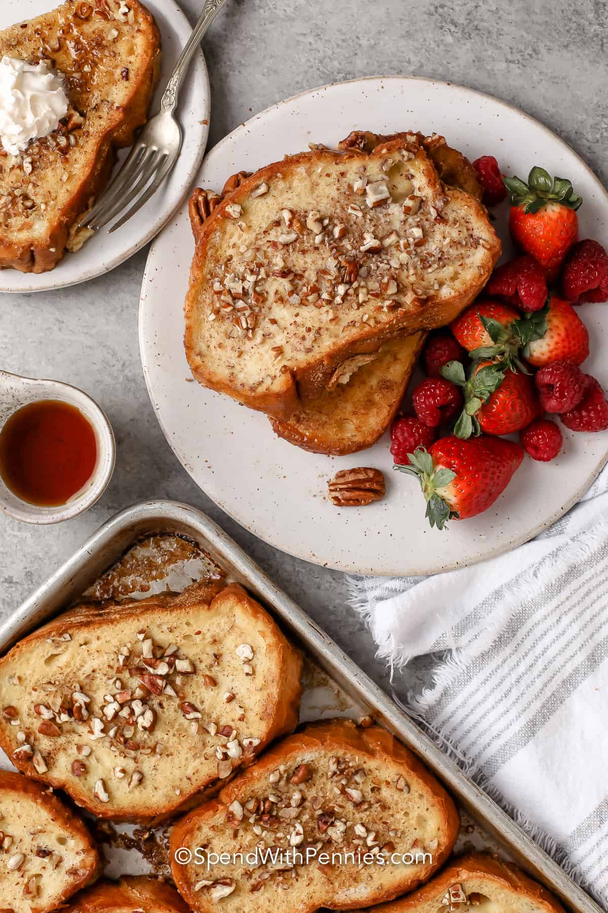 Overnight French Toast being served with strawberries