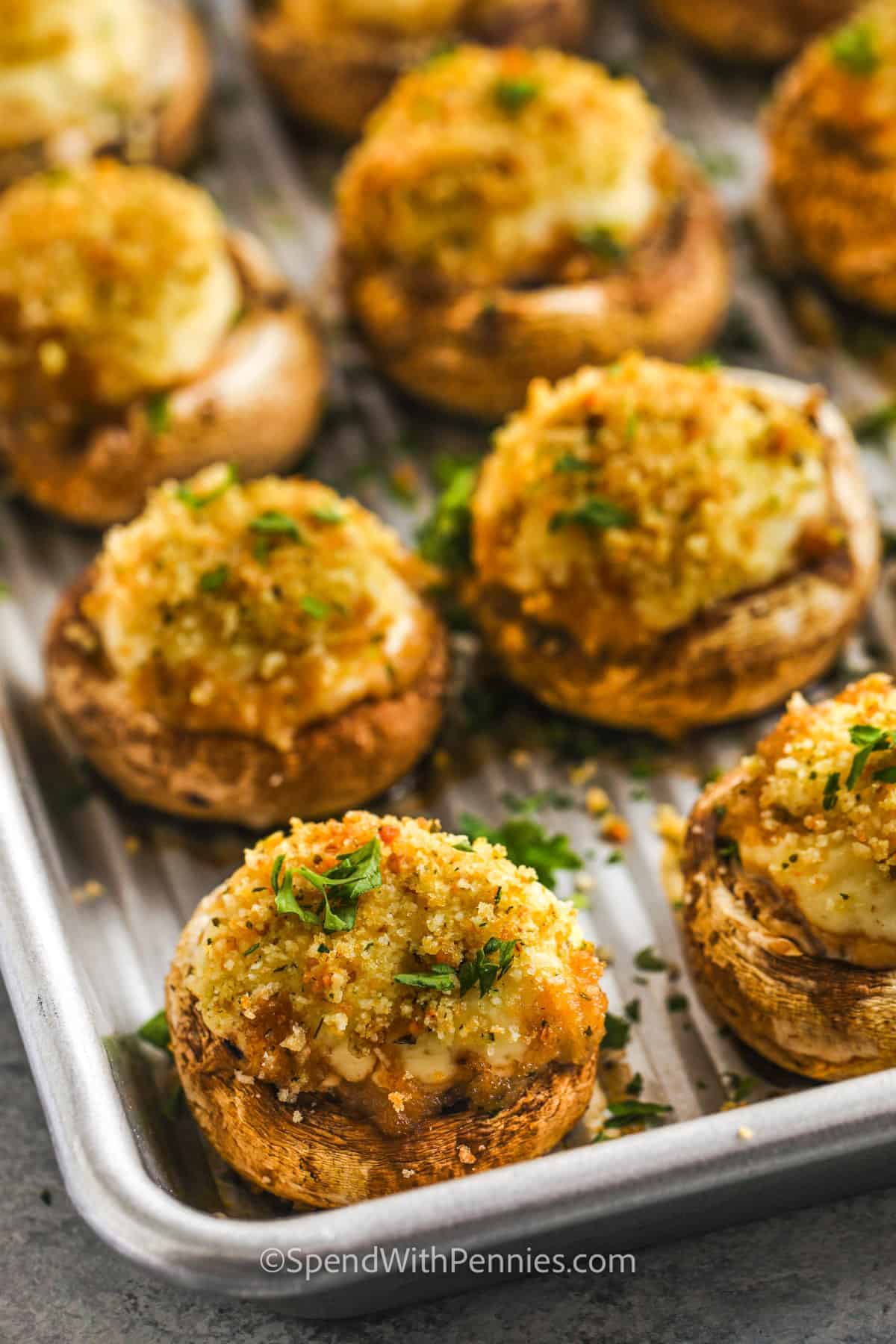The best appetizer can be found in this easy stuffed mushrooms recipe. There is no need to worry about what to serve as an appetizer at the next gathering. Simple stuff some white mushrooms with a cream cheese spice and herb-infused filling. Top with some parmesan cheese and breadcrumbs and bake. So simple, so easy. #stuffedmushrooms #easystuffedmushrooms #stuffedmushroomscreamcheese #spendwithpennies close up of baked Stuffed Mushrooms