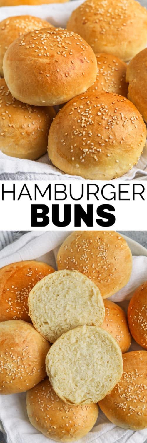 The perfect pub-style hamburger buns can be made at home with this easy recipe. Soft & fluffy buns are perfect for hamburgers, pulled pork, or garlic bread! Leftover buns can be made into breakfast sandwiches, or stick them in the freezer for next time! Who knew making homemade buns could be so easy? #hamburgerbuns #homemadehamburgerbuns #briochehamburgerbuns #spendwithpennies cooked and plated Hamburger Buns with writing