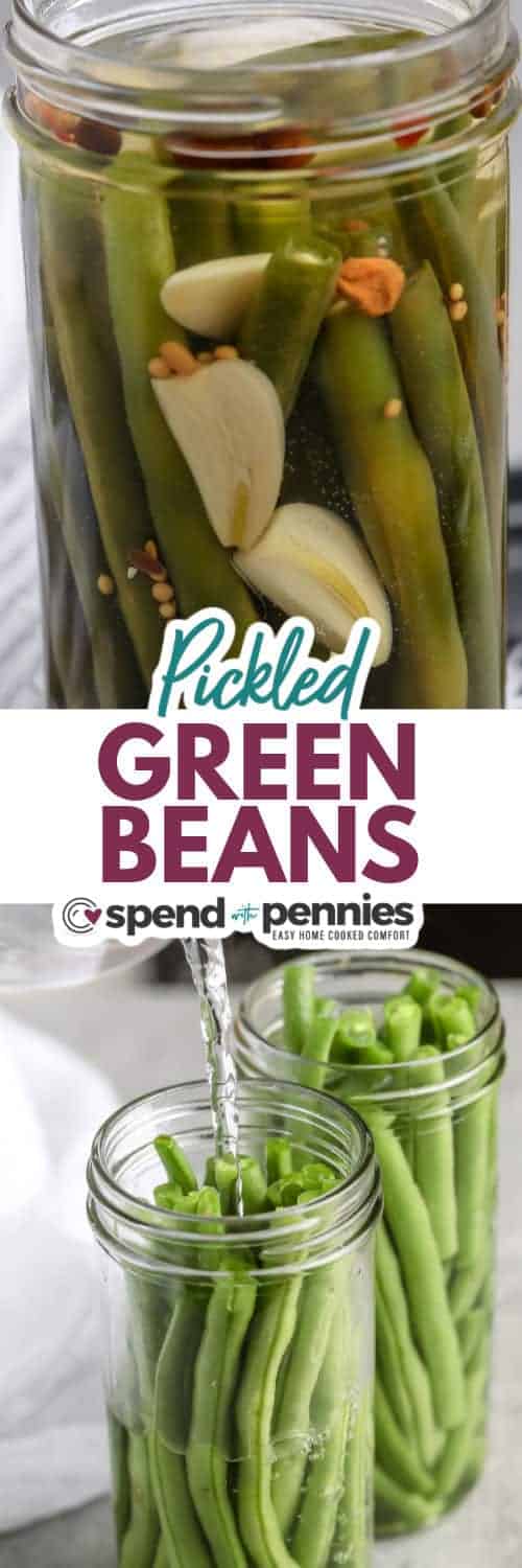 Make these tasty and crunchy pickled green beans and store them in the refrigerator for a quick and tasty snack or salad topper. Make them spicy, hot, or sweet with different add-ins, or stick to the recipe for a garlic-flavored pickled treat! #pickledgreenbeans #spendwithpennies #nocanning #howto adding ingredients to jar and finished Quick Pickled Green beans in a jar with writing