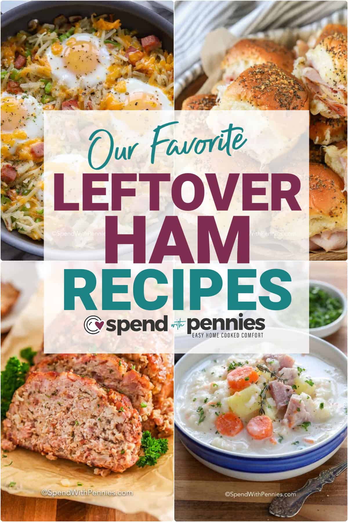 The best part of a big holiday meal is the leftovers! Take your leftovers to the next level with this list of delicious ham recipes! From breakfast to soups and casseroles we have you covered! Learn how to reheat it to perfection, freeze it to enjoy for months to come, or turn it into a delicious meal that will bring everyone around the table! #spendwithpennies #leftoverham #Easterham #Christmasham #leftoverrecipes Collage of our favorite Leftover ham recipes with a title