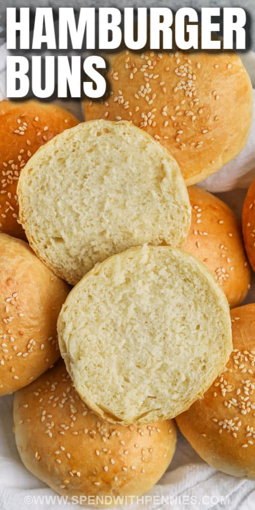 Guests will find these homemade hamburger buns irresistible. Add in a juicy burger from the grill and everyone will be asking for the recipe! Like brioche bread, these buns are so warm, soft, and fluffy. Have extra buns from the night before? Use on sandwiches for lunch or garlic bread to go with a pasta dinner! #hamburgerbuns #homemadehamburgerbuns #briochehamburgerbuns #spendwithpennies Hamburger Buns with one open and writing