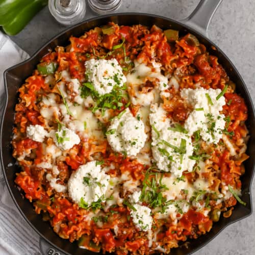 finished Cheesy Lasagna Skillet in the pan
