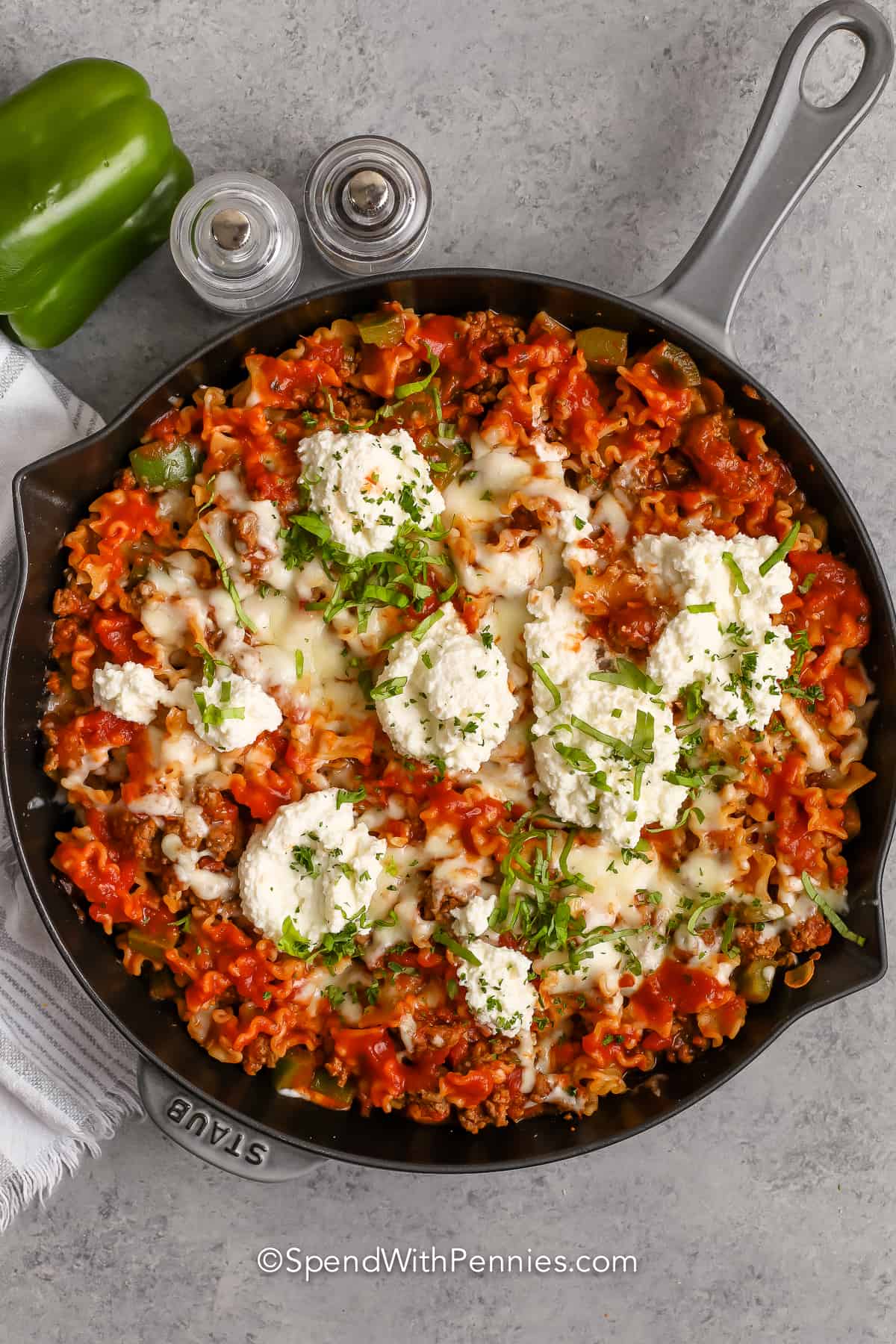 finished Cheesy Lasagna Skillet in the pan
