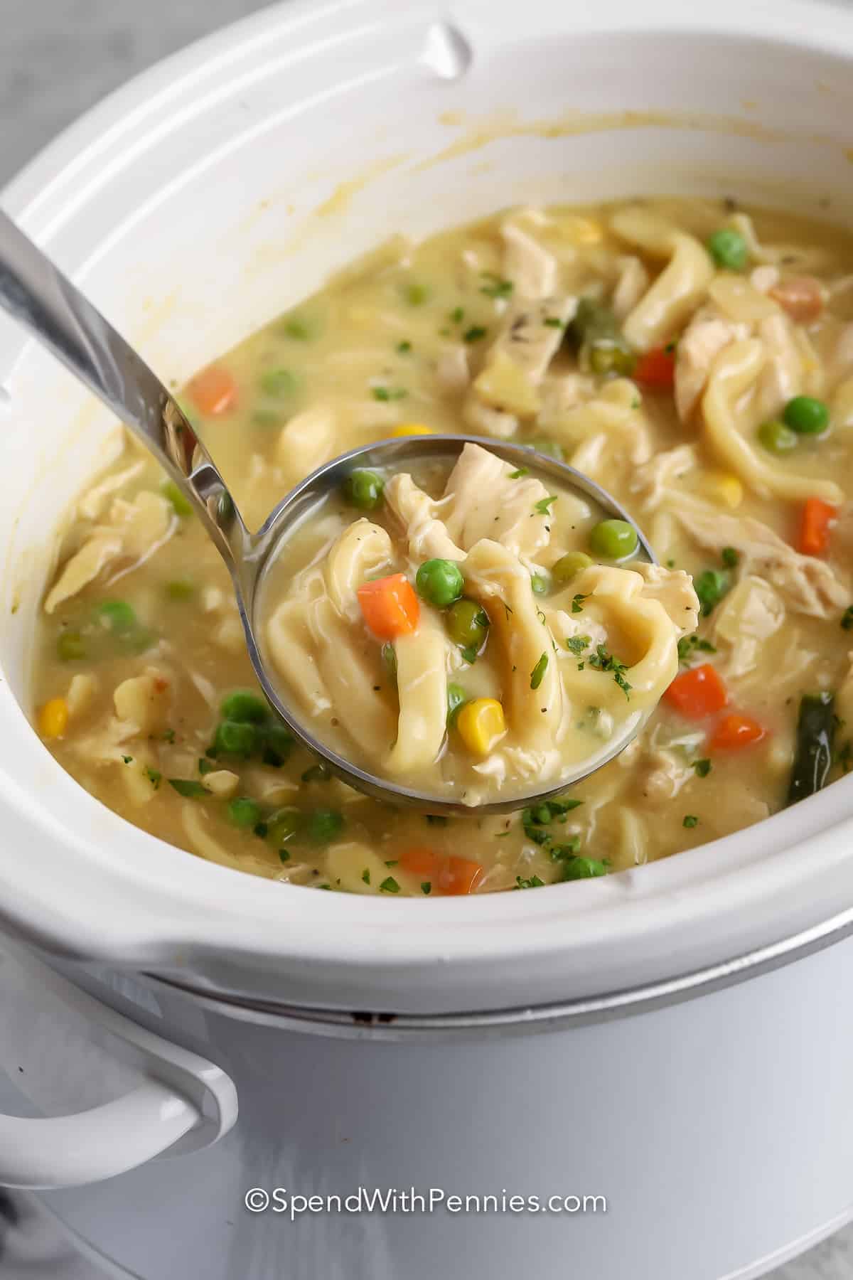 A crockpot chicken and noodles like this one is bound to make everyone happy. Diced chicken, egg noodles, and some cream of chicken broth are all that are needed for this ultimate comfort dish. Make it on a cold day when something creamy and comforting is needed for dinner. #crockpotchickenandnoodles #chickenandnoodlesinthecrockpot #chickennoodlesoup #spendwithpennies taking a spoonful of Crock Pot Chicken and Noodles out of the pot
