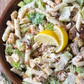 plated Caesar Pasta Salad with lemon slices