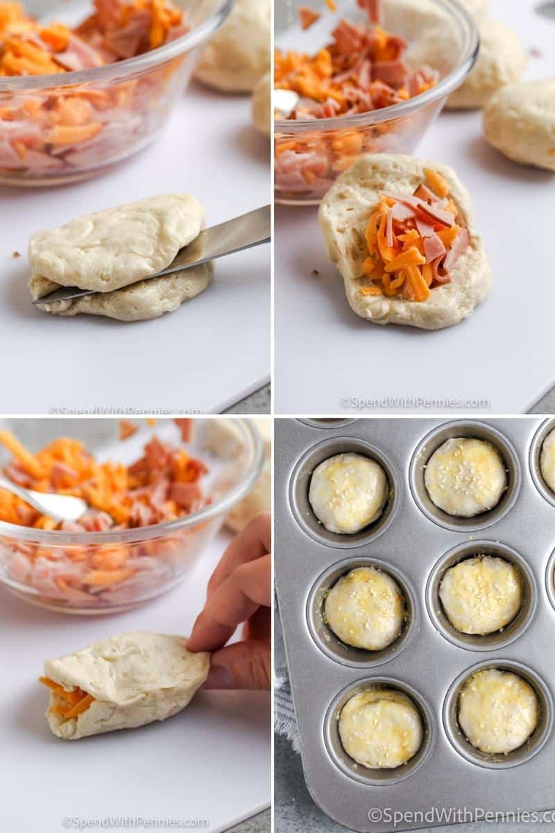 Ham and cheese stuffed biscuits are a filling and savory addition to the lunch or breakfast menu. In this recipe, quick and easy pillsbury dough biscuits are stuffed with ham and cheese and then baked to perfection in the oven. Add some egg, bacon, or sausage instead of the ham and have a filling dish ready to be eaten. #hamandcheesestuffedbiscuits #stuffedbiscuits #biscuits #spendwithpennies process of putting together Stuffed Biscuits