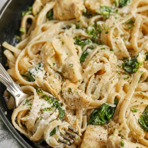 close up of cooked Artichoke Pasta with a fork
