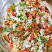 Creamy Chicken Pasta Salad in a glass bowl