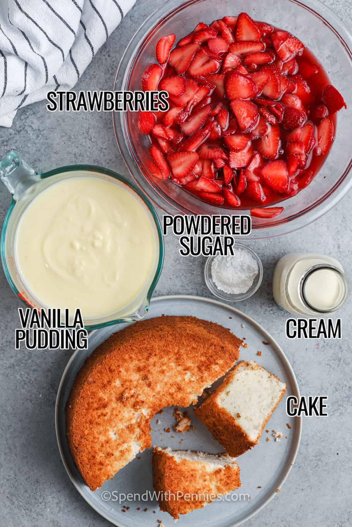 Make this colorful layered trifle for an impressive and sweet dessert. In this recipe, moist white cake is layered with creamy and smooth custard, then topped with whipped cream. It makes for a totally decadent dessert! Easy to make, easy on the eyes, and so easy to eat. #trifle #triflerecipe #easytrifle #spendwithpennies Trifle ingredients with labels