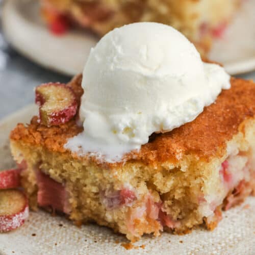 Rhubarb Cake with ice cream and a bite taken out