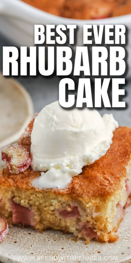 This rhubarb cake is a sweet way of using up all that rhubarb from the spring harvest. Made from a simple homemade cake mix or a boxed yellow cake mix and some rhubarb, this cake has the best combination of sweet and sour. Add a dollop of whipped cream or some custard and this cake will be a hit for dessert. #rhubarbcake #easyrhubarbcake #healthyrhubarbcake #spendwithpennies plated Rhubarb Cake with ice cream and a title