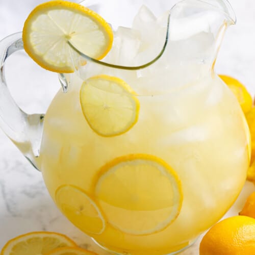 Homemade Lemonade in a pitcher with lemon slices