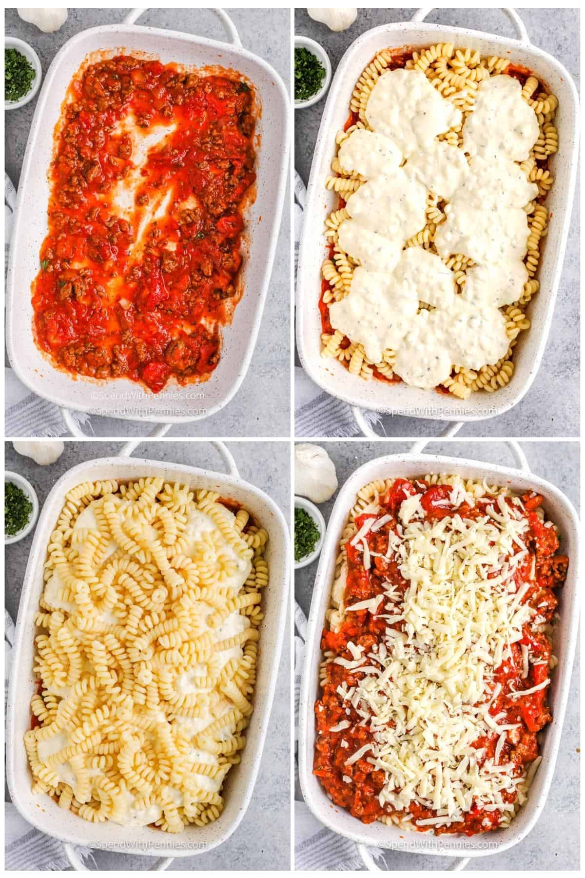 This easy ground beef casserole recipe makes a delicious and flavorful main dish. Noodles and ground beef plus tomatoes and seasoning are a filling combination! Make with sour cream or sub mushroom soup, and use a jar of tomatoes and sauce. Reheat for lunches all week long! #groundbeefcasserole #recipeseasy #bestrecipes #spendwithpennies process of adding ingredients to pan to make Ground Beef Casserole