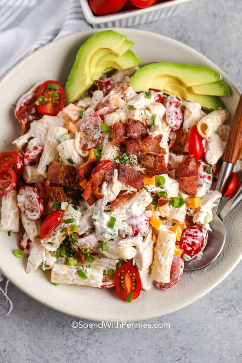 Bacon Ranch Pasta Salad in a bowl with spoons