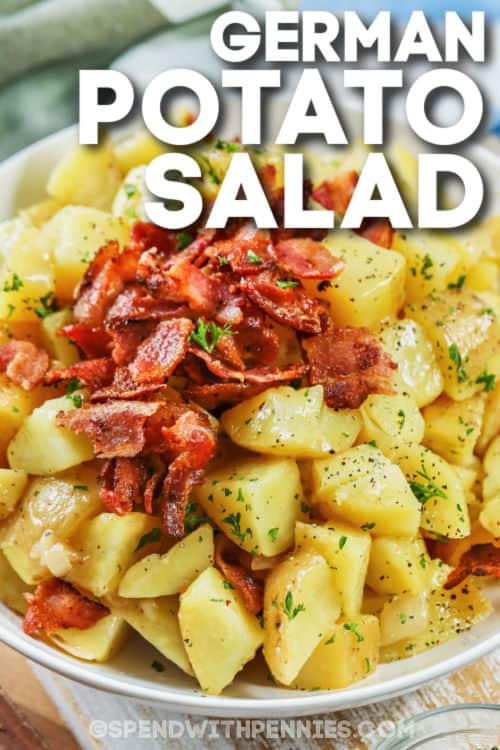 German Potato Salad on a plate with a title