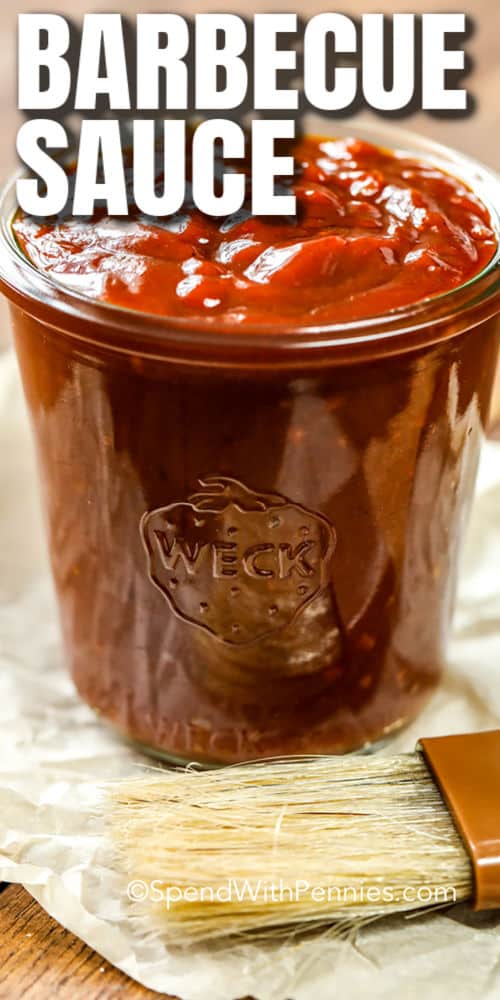 jar of Homemade BBQ Sauce with a brush and a title