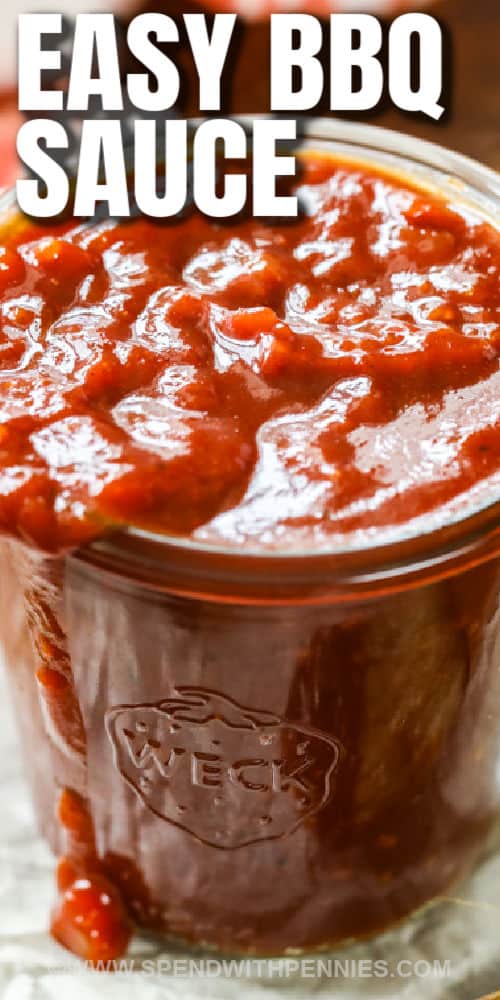 close up of jar full of Homemade BBQ Sauce with a title