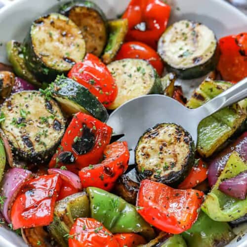 Balsamic Grilled Vegetables in a bowl with a spoon