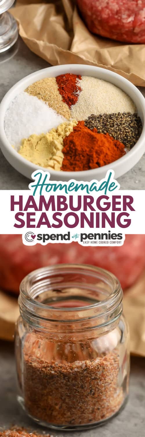 Everyone needs a good recipe for hamburger seasoning mix, and this is the one! Sweet and smoked paprika combine with traditional meat spices for the perfect savory blend. #spendwithpennies #hamburgerseasoning #spicemix #seasoningblend Hamburger Seasoning on a plate and in a jar with writing