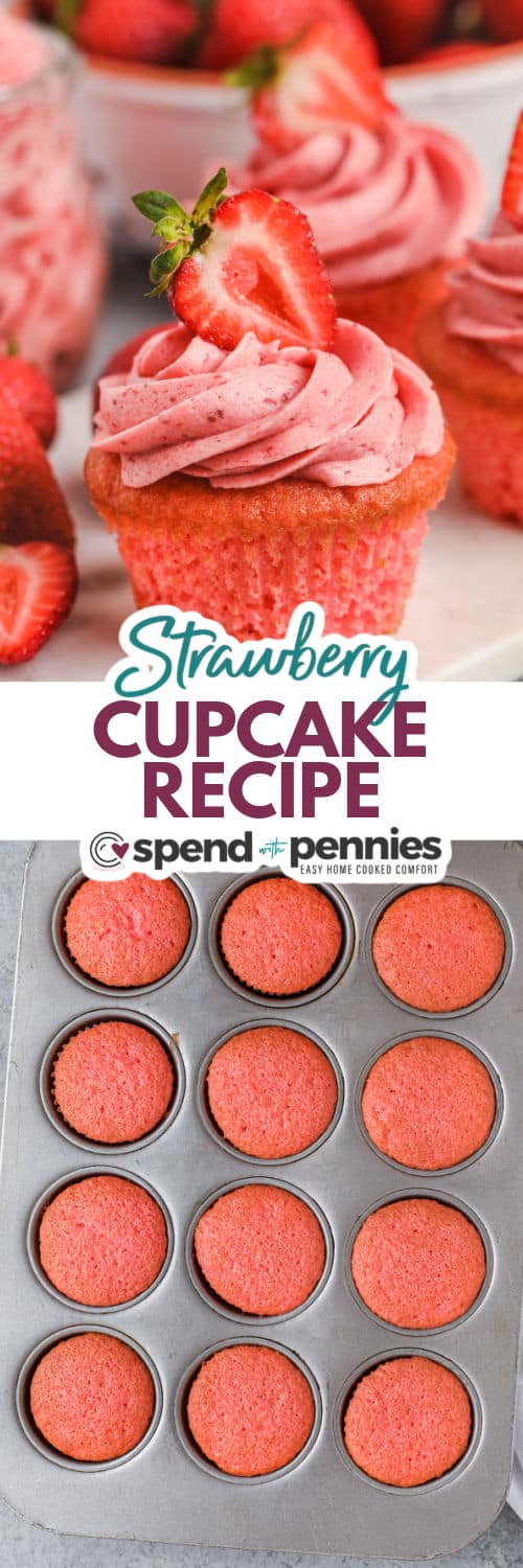 Strawberry cupcakes are a quick and easy addition to the dessert menu. These strawberry cupcakes are made with some jello and a box of vanilla cake mix, making them so moist and sweet. Frost them with some frosting made from fresh strawberries, sugar, and cream and it will be hard to stop at just one! #strawberrycupcakes #strawberrycupcakerecipe #cupcake #spendwithpennies Strawberry Cupcakes cooked in the sheet pan and plated with frosting and writing