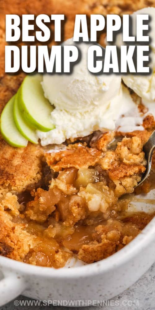 It won't take long to cook this sweet apple dump cake. This cake is so fluffy and moist and since it only calls for 4 simple ingredients - cake mix, cinnamon, apple pie filling, and butter, it is so simple to toss together. Dessert will be ready quicker with this recipe. For the grand finish serve it with some vanilla ice cream and caramel sauce. So delicious! #appledumpcake #dumpcakewithapples #dumpcake #spendwithpennies taking Apple Dump Cake out of the pan with writing