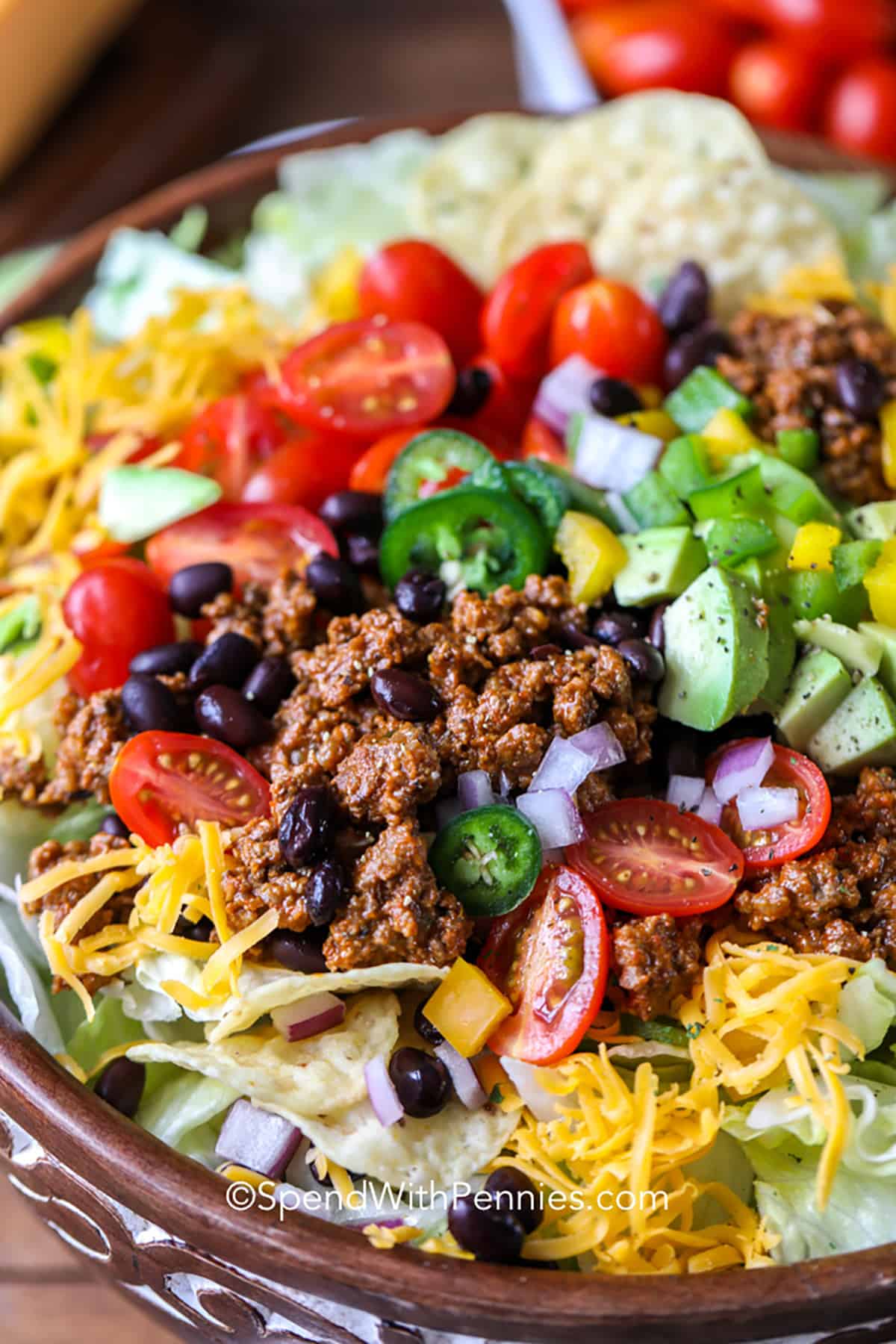 close up of Taco Salad in a bowl with cheese