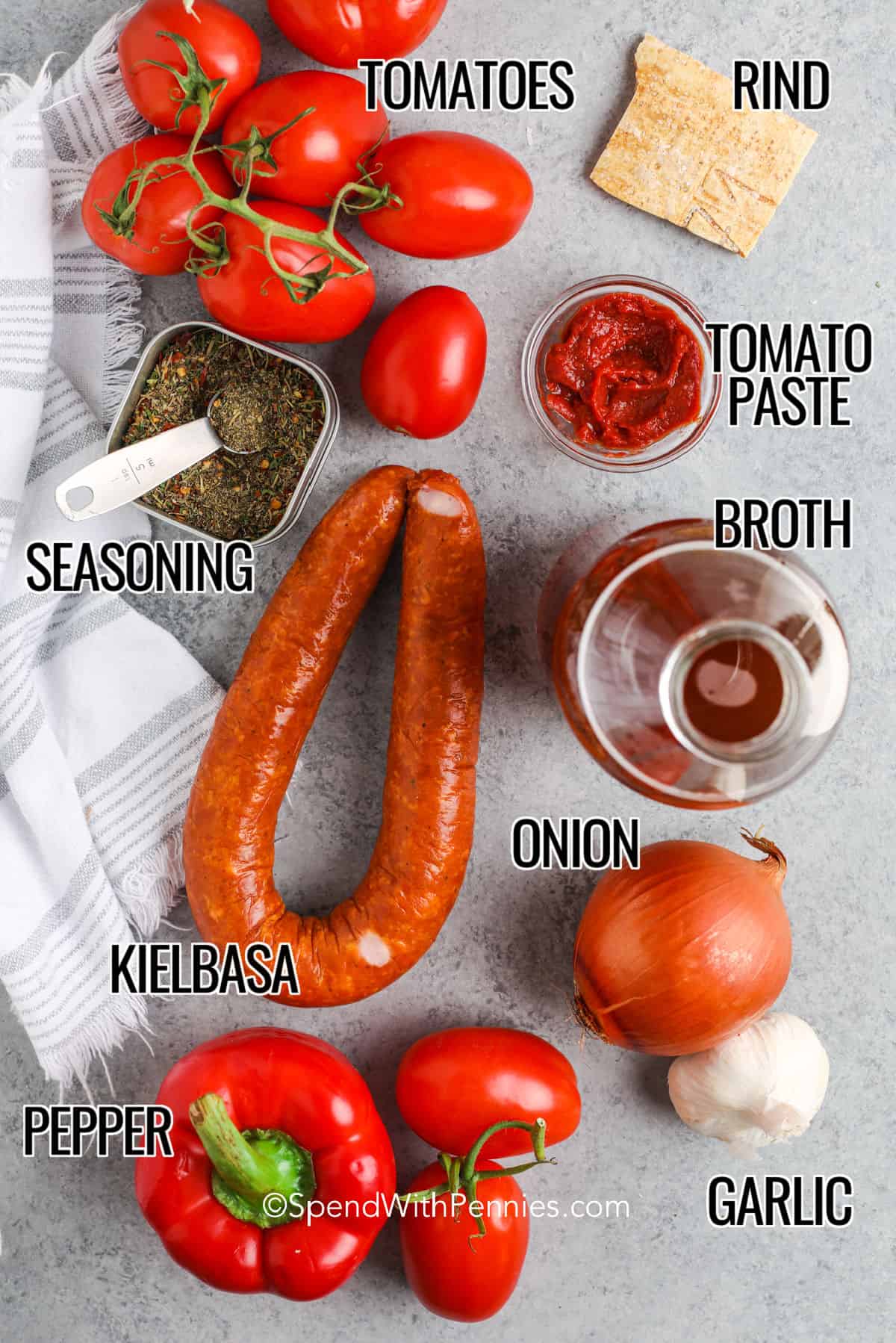 kielbasa , pepper , tomatoes , broth, seasonings and other ingredients to make Kielbasa Soup