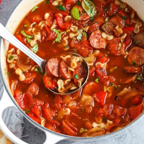 Kielbasa Soup in the pot with a spoon