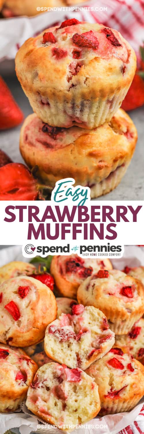 Strawberry Muffins in a bowl and a stack with writing