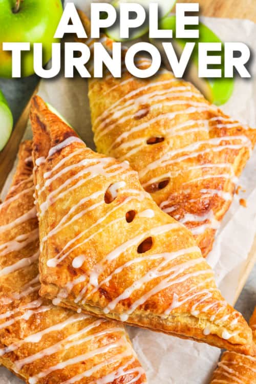 This easy apple turnover recipe is simple to make with puff pastry or even Pillsbury crescent roll dough. A simple and delicious filling is made from scratch using fresh apples and a few other ingredients. Enjoy these tasty little handheld apple pies, fresh from the oven or served cold. #appleturnover #easyappleturnovers #spendwithpennies #withpuffpastry Easy Apple Turnovers with icing and a title