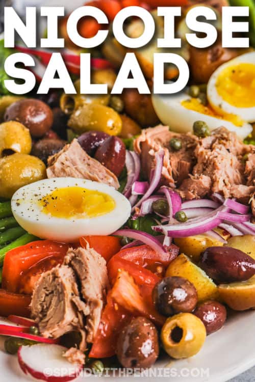 This Nicoise salad is a flavorful and protein-packed salad that everyone will enjoy. The ingredients in this French salad stray a little bit from the ordinary making it packed full of flavor. Included are fish like salmon, or tuna, potatoes, lettuce, capers, olives, and more, which are tossed in a tangy vinaigrette. #nicoisesalad #saladenicoise #nicoisesaladrecipe #spendwithpennies close up of Nicoise Salad on a plate with writing