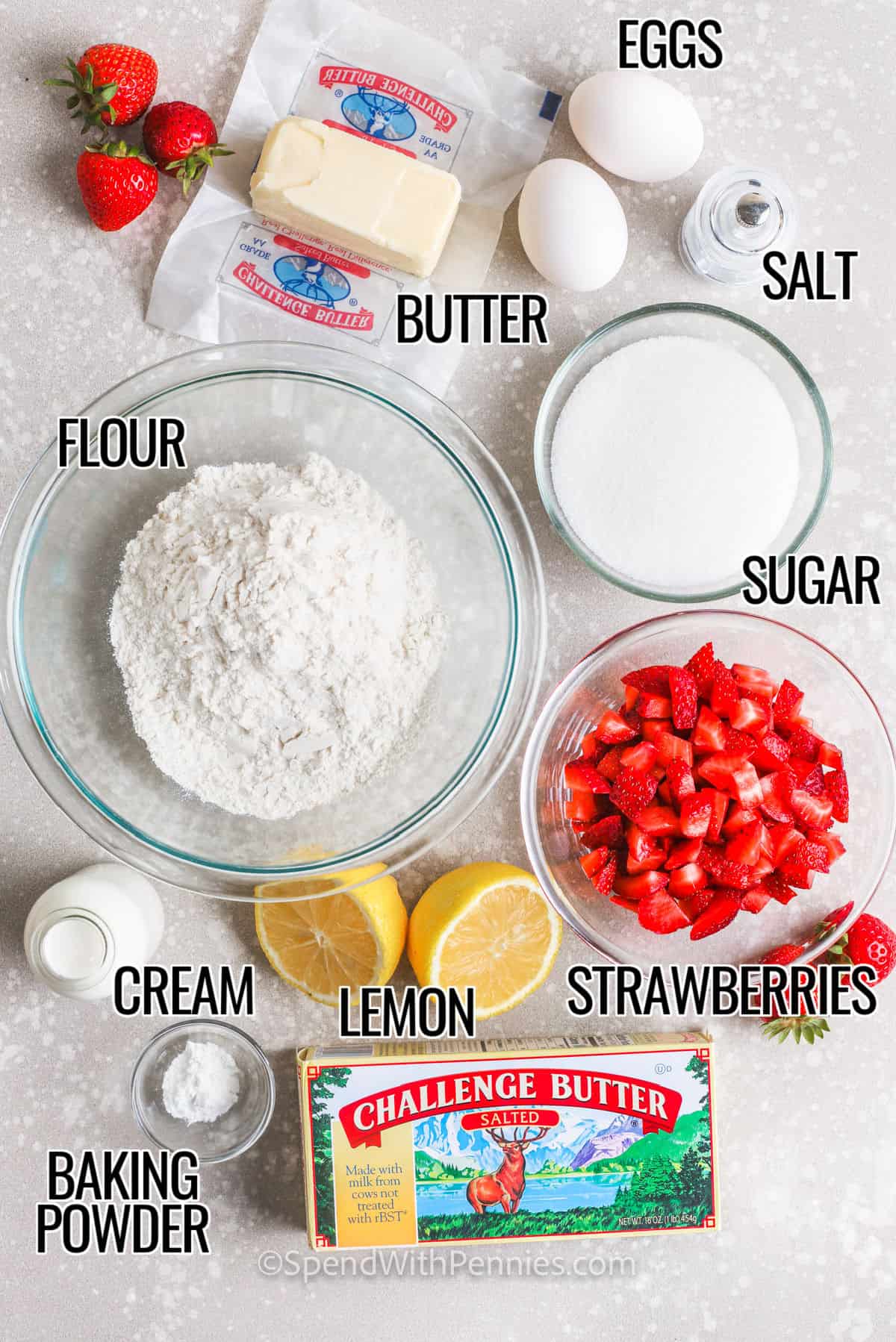 Strawberry bread is a moist and delicious quick bread that can be made with fresh or frozen strawberries. It has a light and easy glaze and is so quick and easy to make. This tasty sweet treat makes the best afternoon snack or easy and quick dessert. Try it with a smear of cream cheese for a tasty breakfast! #strawberrybread #recipeeasy #spendwithpennies #beststrawberrybread strawberries , lemon , cream , baking powder , sugar , flour , butter , salt and eggs to make Strawberry Bread with labels