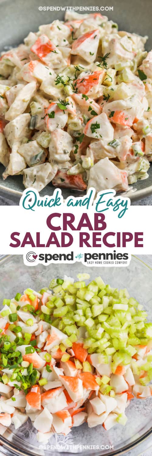Try this crab salad recipe for a quick lunch or a side dish with dinner. Nothing beats the creamy dressing in this salad, made from sour cream, mayo, sweet relish, and seasonings. It is tossed with some diced celery and imitation crab meat. This is the best in simple salad recipes and is great for bringing to potlucks, or BBQs. #crabsaladrecipe #crabsalad #easycrabsaladrecipe #spendwithpennies Crab Salad ingredients in a bowl and plated dish with writing