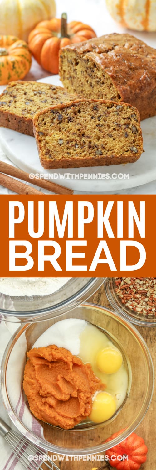 It is fall, and the time is here for making a delicious pumpkin bread recipe. No need to stand in line at the local Starbucks, when this quickbread can easily be made at home. Simply mix up some flour and pumpkin puree with eggs, sugar, and baking ingredients, add some pumpkin spice and load the top with some whipped cream, caramel sauce, and a sprinkling of pecans. #pumpkinbread #spendwithpennies #easyrecipe #healthypumpkinbreadrecipe sliced pumpkin bread and ingredients with text