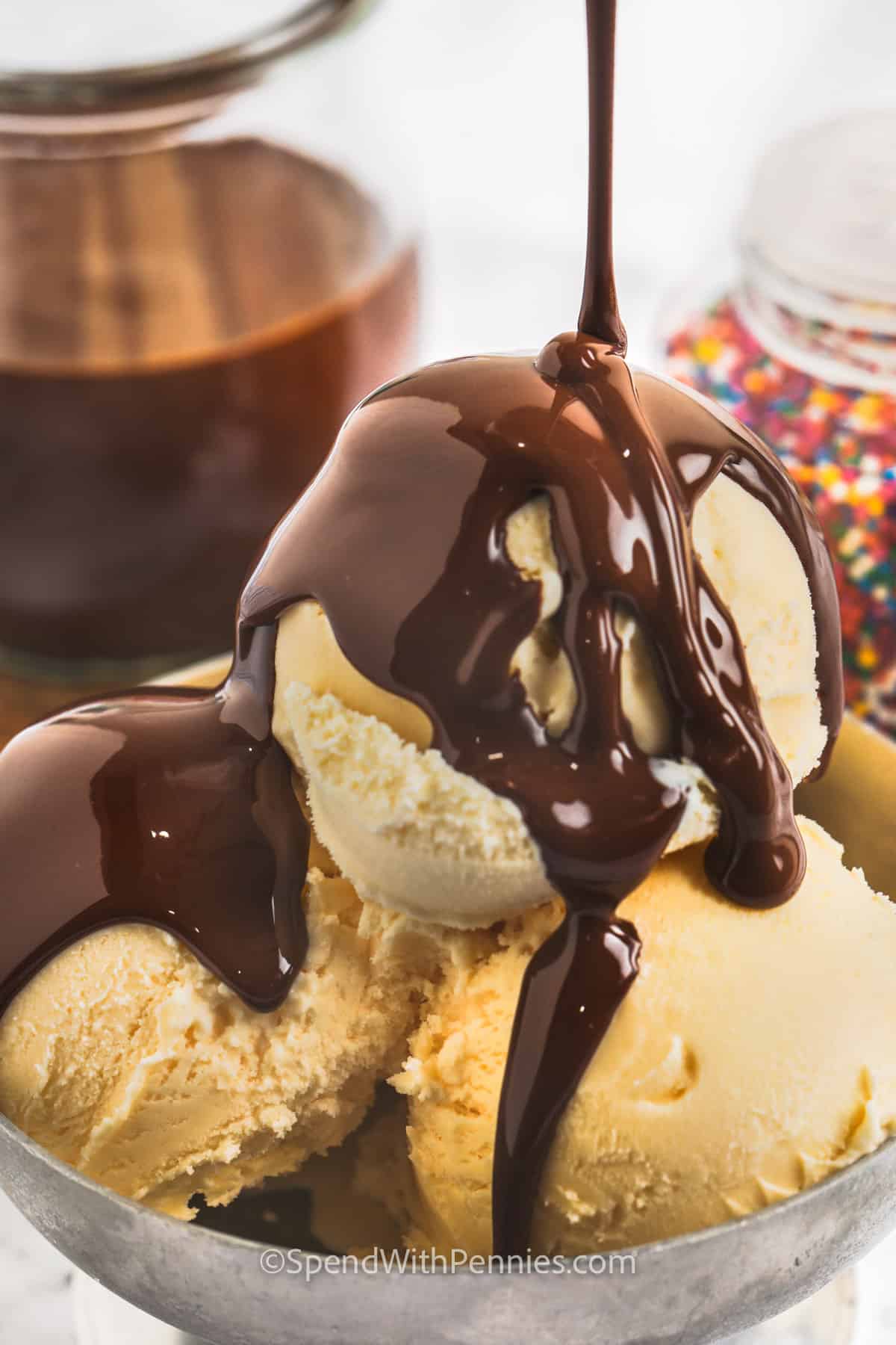 pouring Magic Shell over ice cream