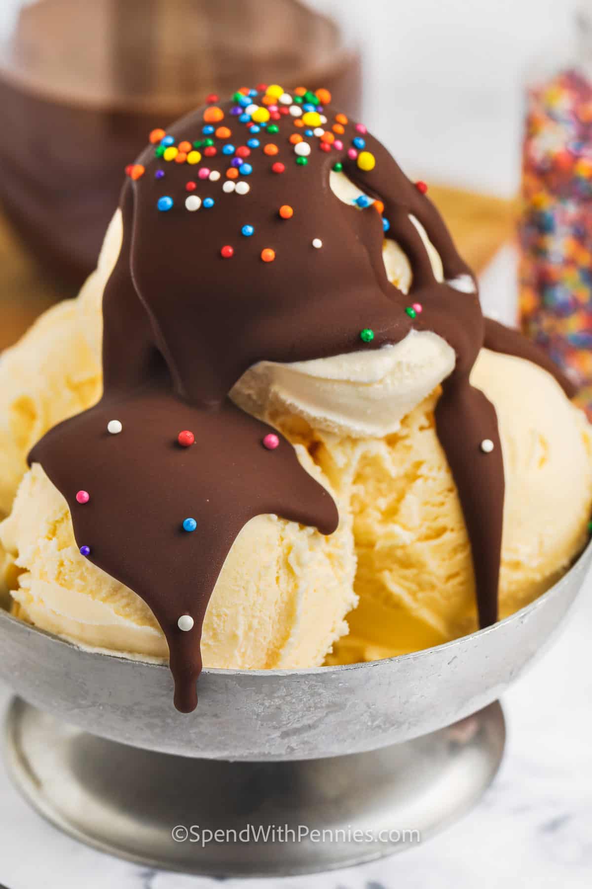 ice cream with Magic Shell and sprinkles on top