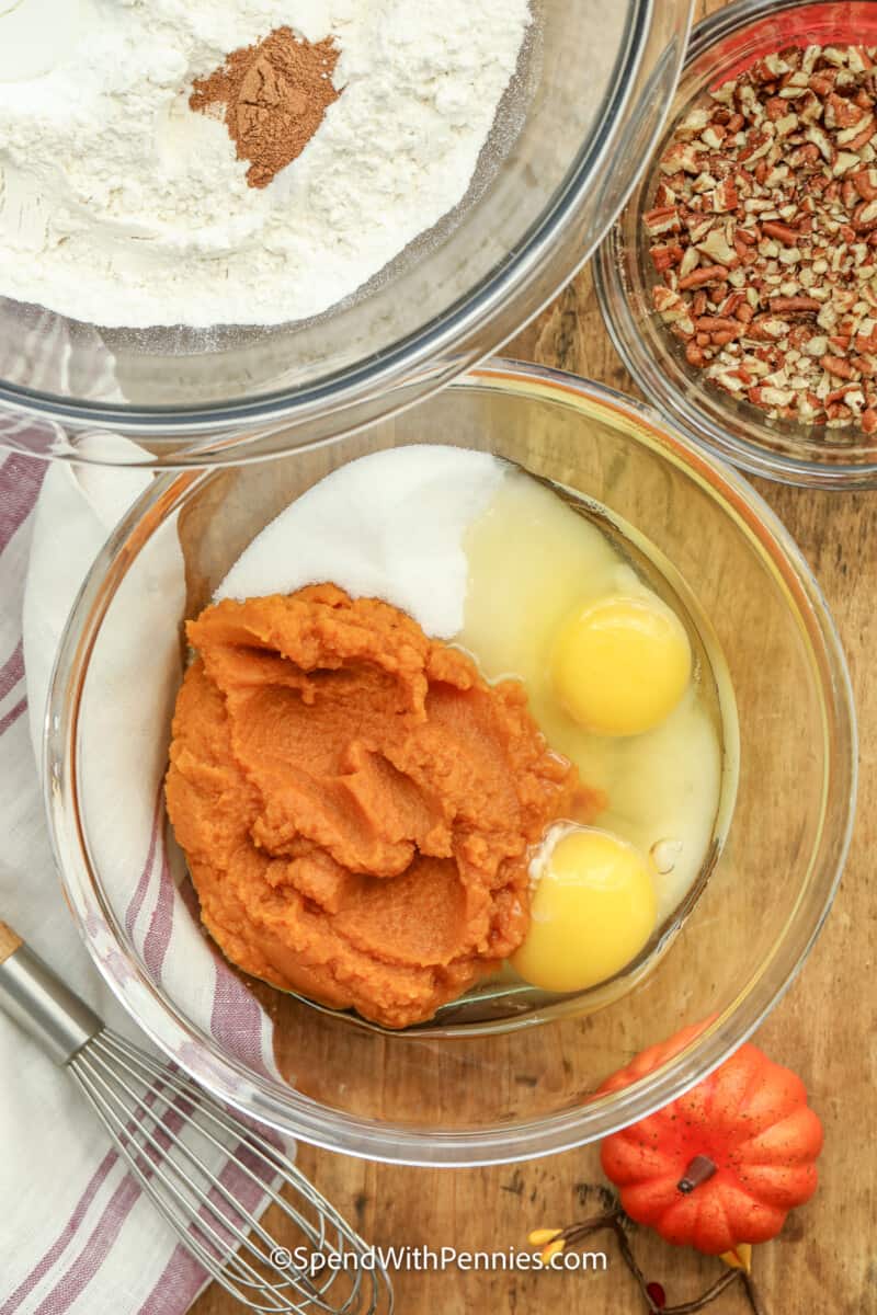 ingredients for pumpkin bread in a bowl