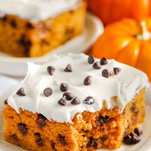 slices of Chocolate Chip Pumpkin Cake with a bite taken out of one